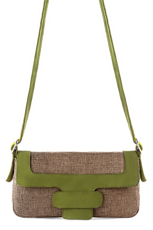 Caramel brown and pistachio green women's dress handbag, matching pumps and belts. Top view - Florence KOOIJMAN